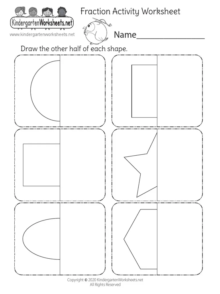 First grade student coloring geometric shapes on a fraction practice worksheet