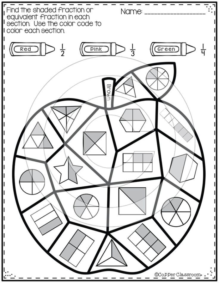 Fraction coloring worksheet designed for first graders to explore basic fractions through fun shapes