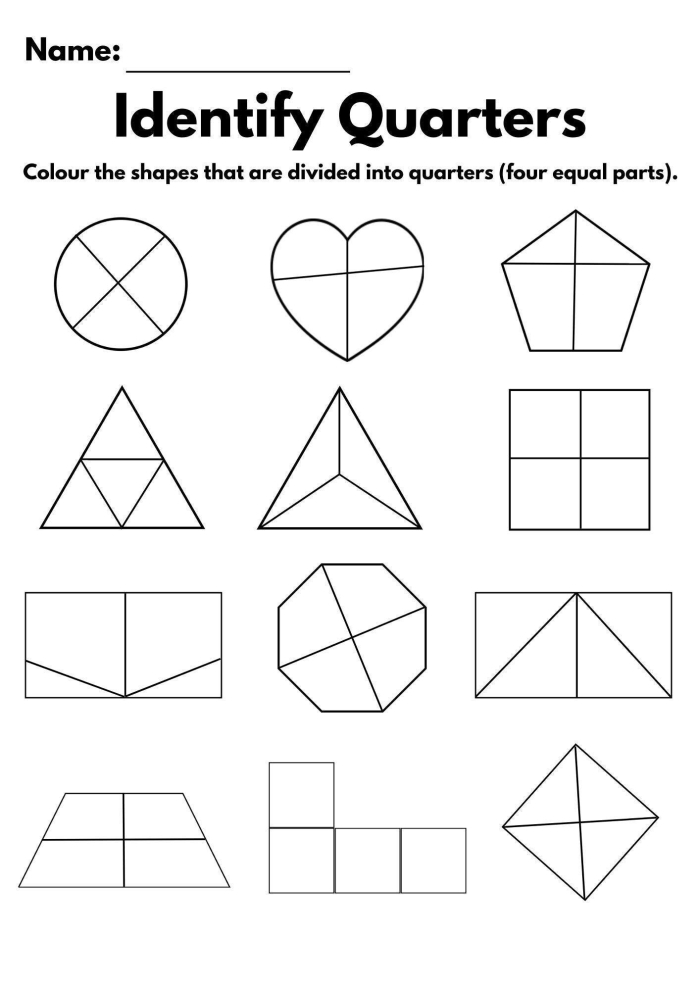 First grade math worksheet featuring shapes to color for the fraction one fourth
