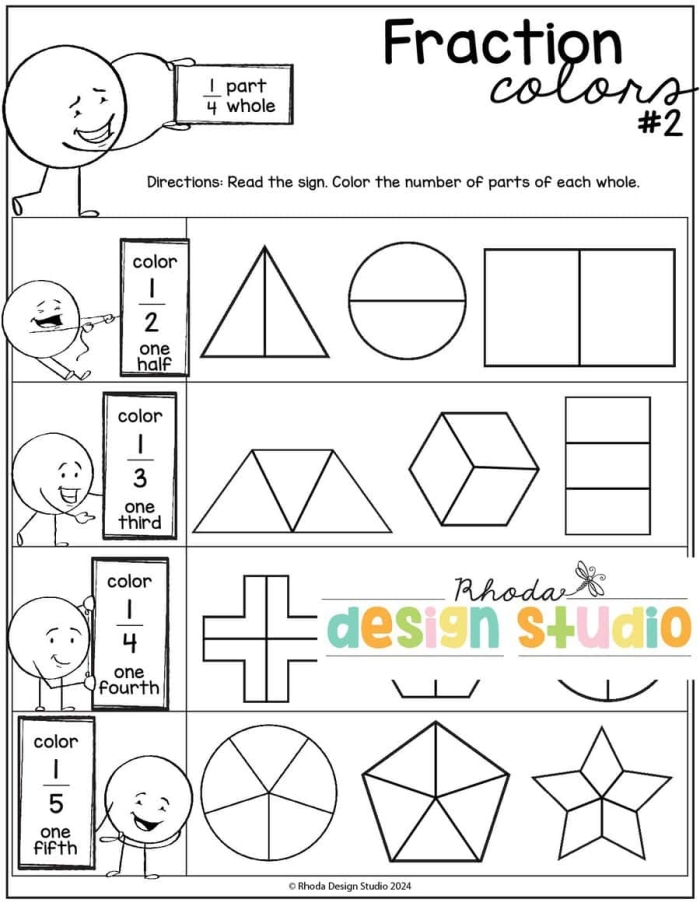 Fraction coloring worksheet designed for first graders to explore basic fractions through fun shapes. Engaging hands-on activity helping young learners understand fractions visually.