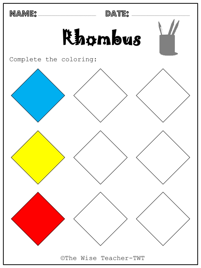 Coloring Shapes Fraction One Half Worksheet Image 2 A first grade math worksheet showing colorful shapes divided in half with one section shaded to represent the fraction 1/2