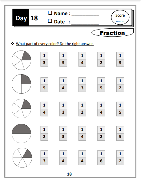 Printable math activity to help children learn about fractions Worksheet for first graders focused on identifying the fraction one-half