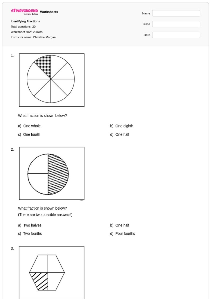 Printable math worksheet on identifying the fraction 1/2 for young learners Worksheet designed for first graders to identify the fraction one-half
