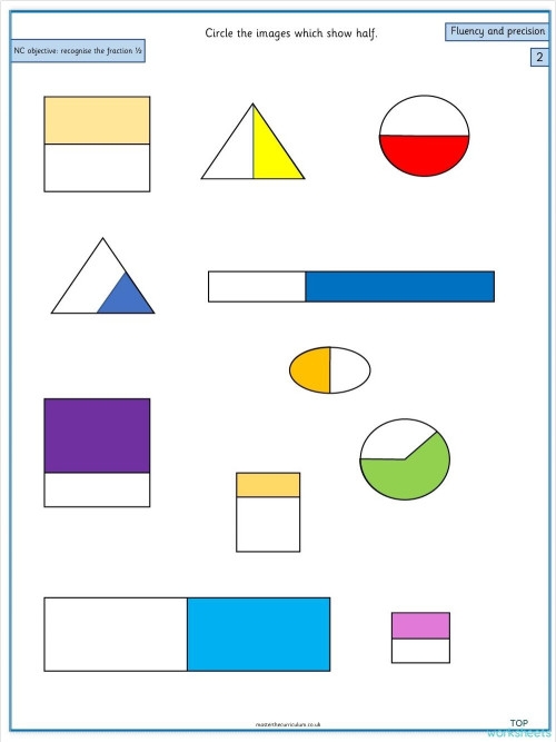 Printable identifying the fraction 1/2 worksheet for first grade math Worksheet for first graders to practice identifying the fraction one-half