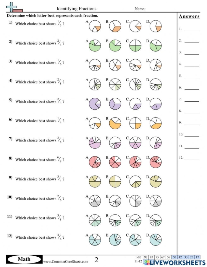 Printable math worksheet to help kids learn about fractions Worksheet for identifying the fraction one-half for first graders