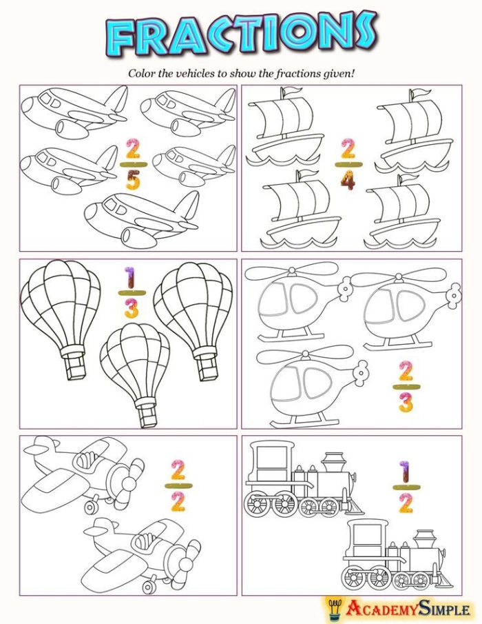 Fun fraction coloring worksheet for first graders to learn about shapes and fractions.