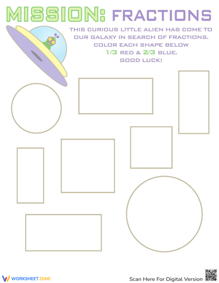 First grade math worksheet featuring shapes to color for practicing the fraction one fourth