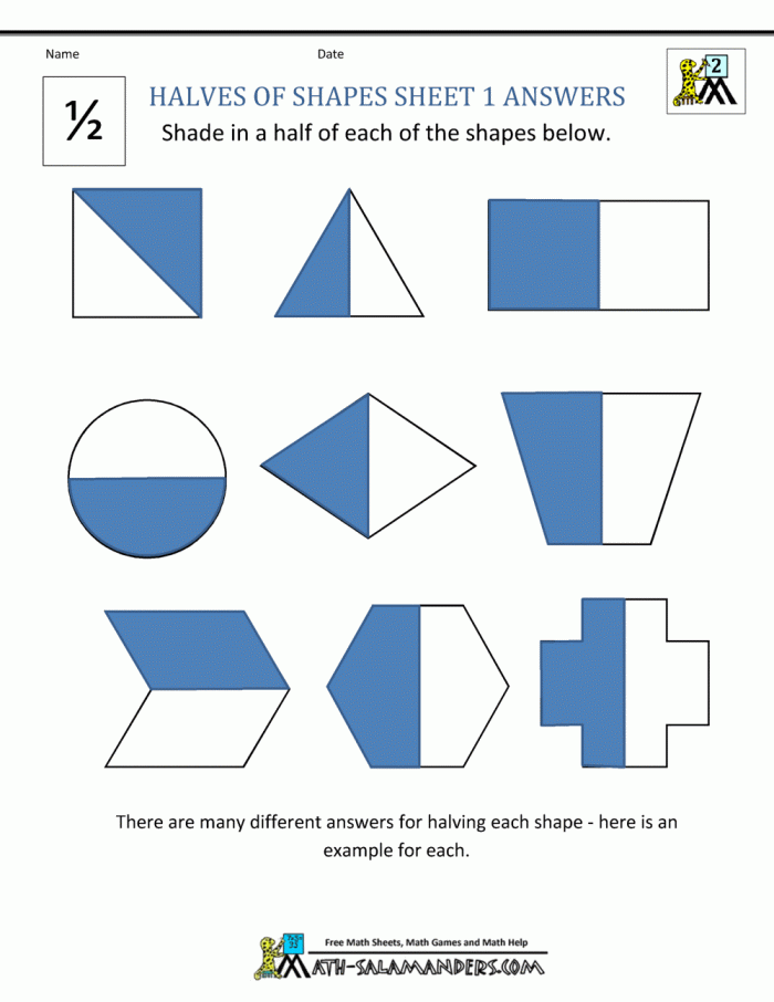 Divide the Shapes in Half worksheet for first graders, image 25 First grade worksheet showing how to divide various shapes in half for learning fractions