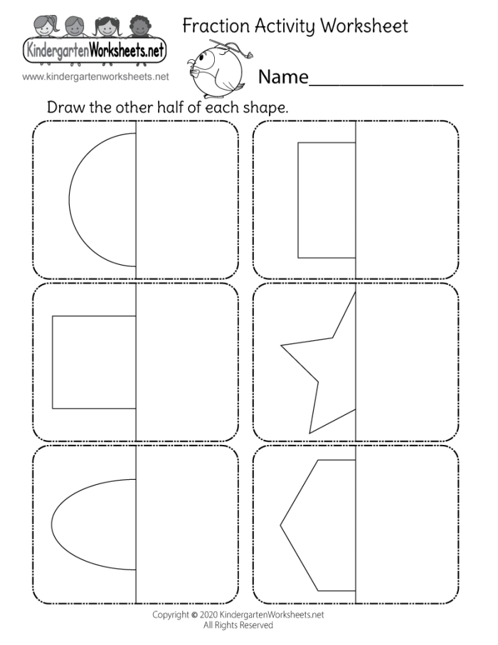 Division worksheet for First Grade Worksheet illustrating how to divide various shapes in half for first graders learning about fractions. Divide the Shapes in Half worksheet for engaging fraction practice.