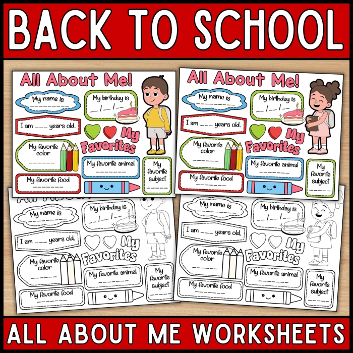 First grade student completing an All About Me worksheet with fractions activity for self-expression