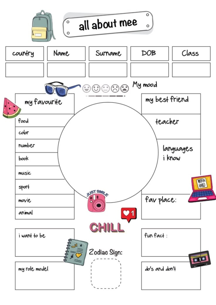 First grade student filling out an All About Me worksheet featuring fraction exercises