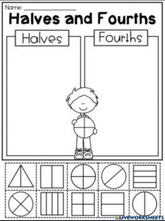 Worksheet featuring first graders practicing halves and fourths with food illustrations