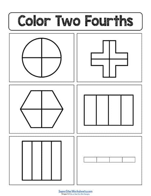 Worksheet for practicing halves and fourths with fun food images