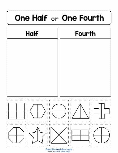 Worksheet for first graders practicing halves and fourths with fun food illustrations