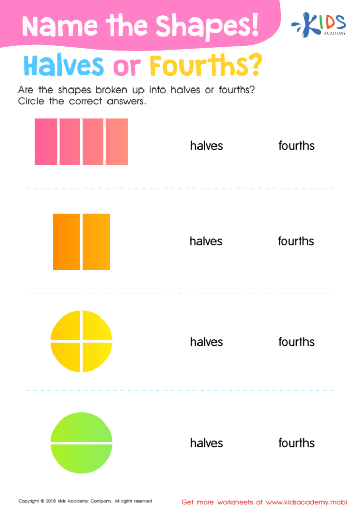 Practice identifying halves and fourths with this engaging foodie fractions worksheet for first graders. Fun and interactive Beginning Fractions: Halves & Fourths worksheet for young learners.