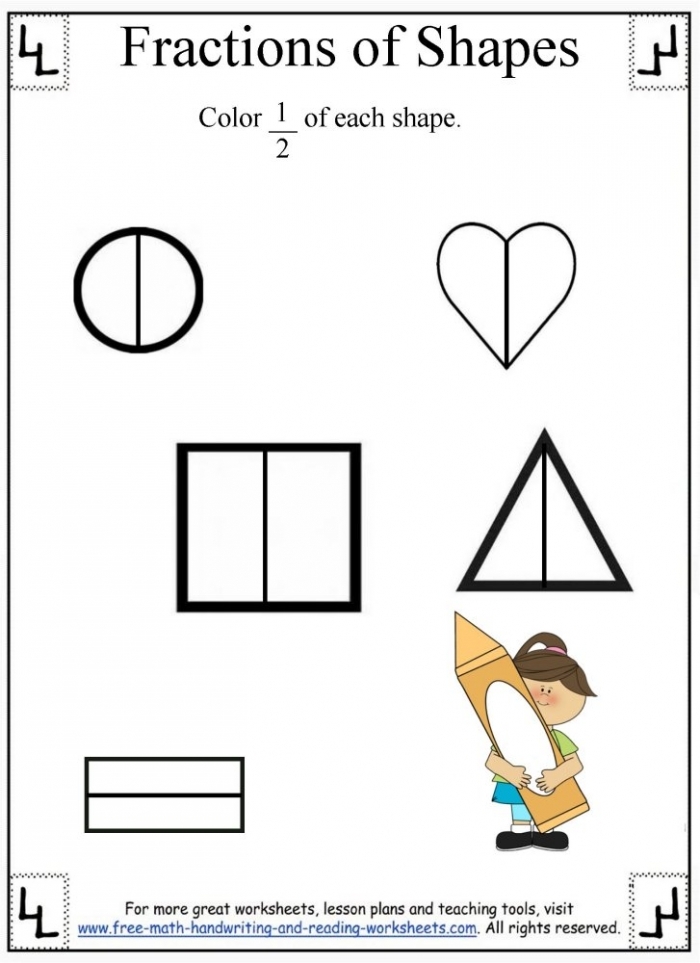 First grade student worksheet featuring shapes divided into quarters for learning the fraction 1/4