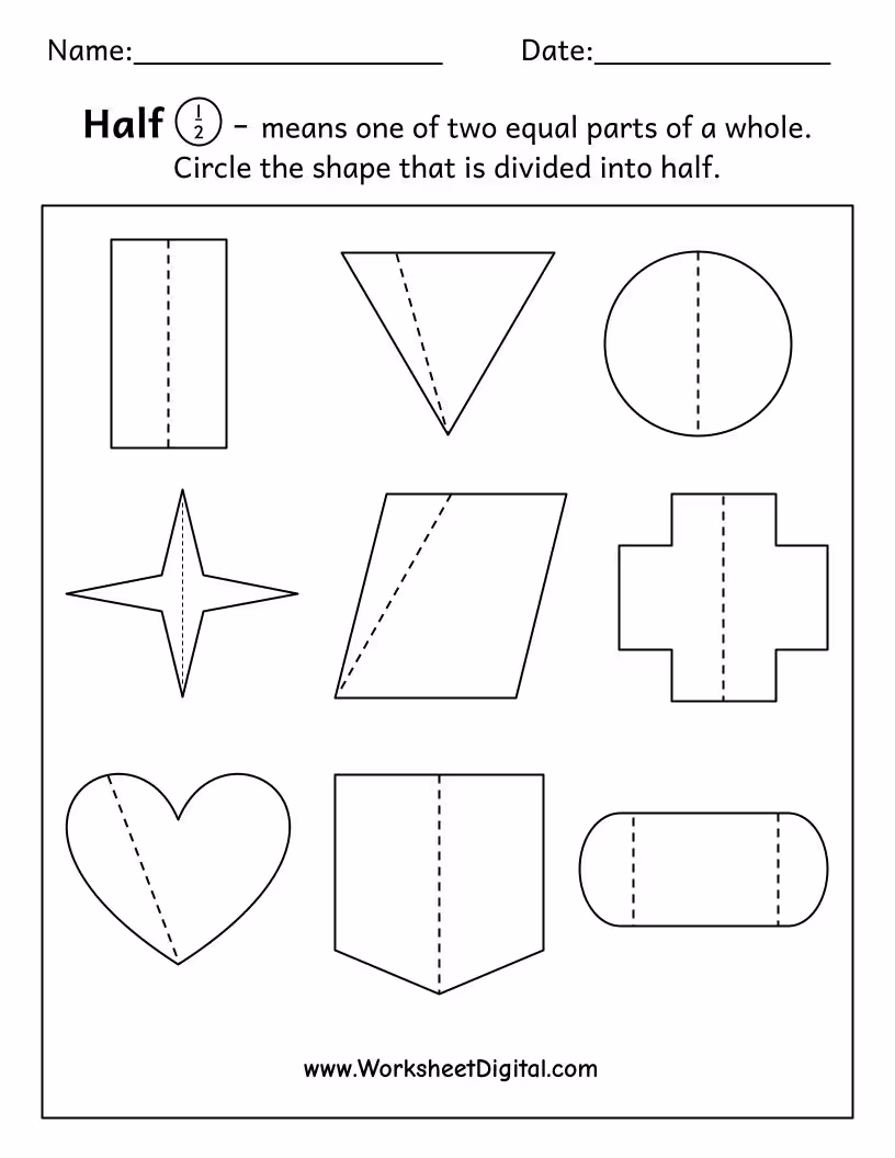Divide the Shapes in Half Worksheet for First Graders First grade worksheet featuring shapes to divide in half for learning fractions