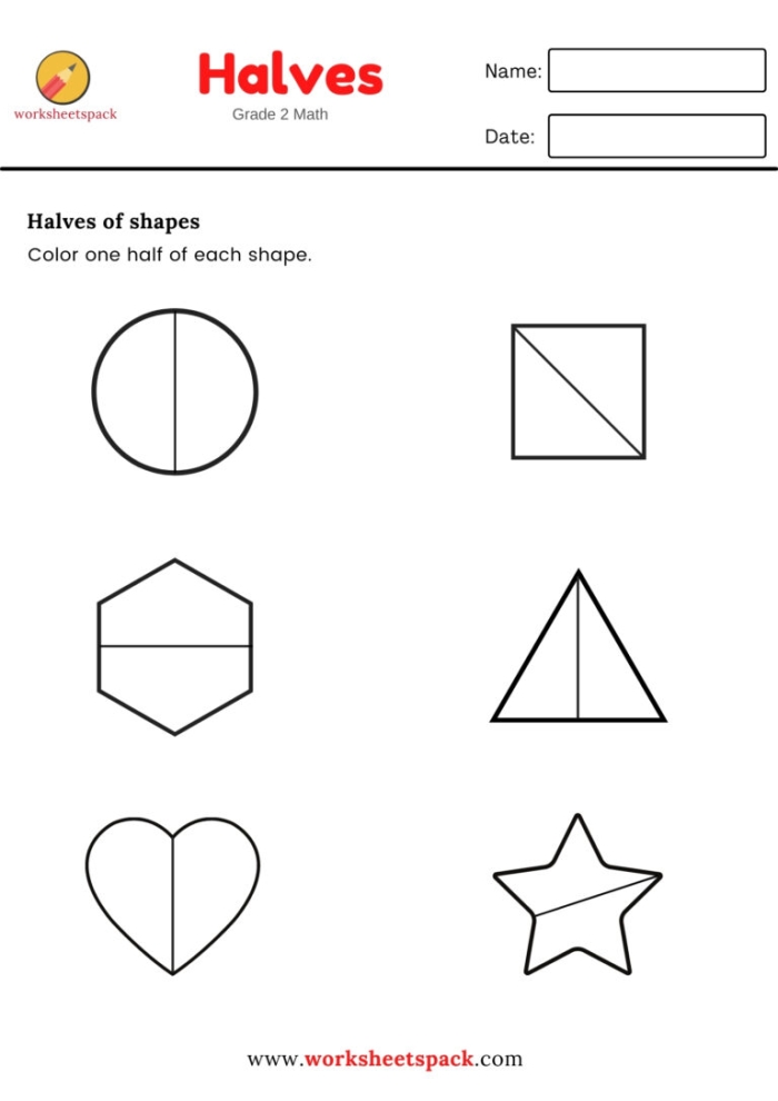 Divide the Shapes in Half Worksheet for First Grade Students Worksheet showing various shapes for dividing into halves, designed for first graders learning fractions