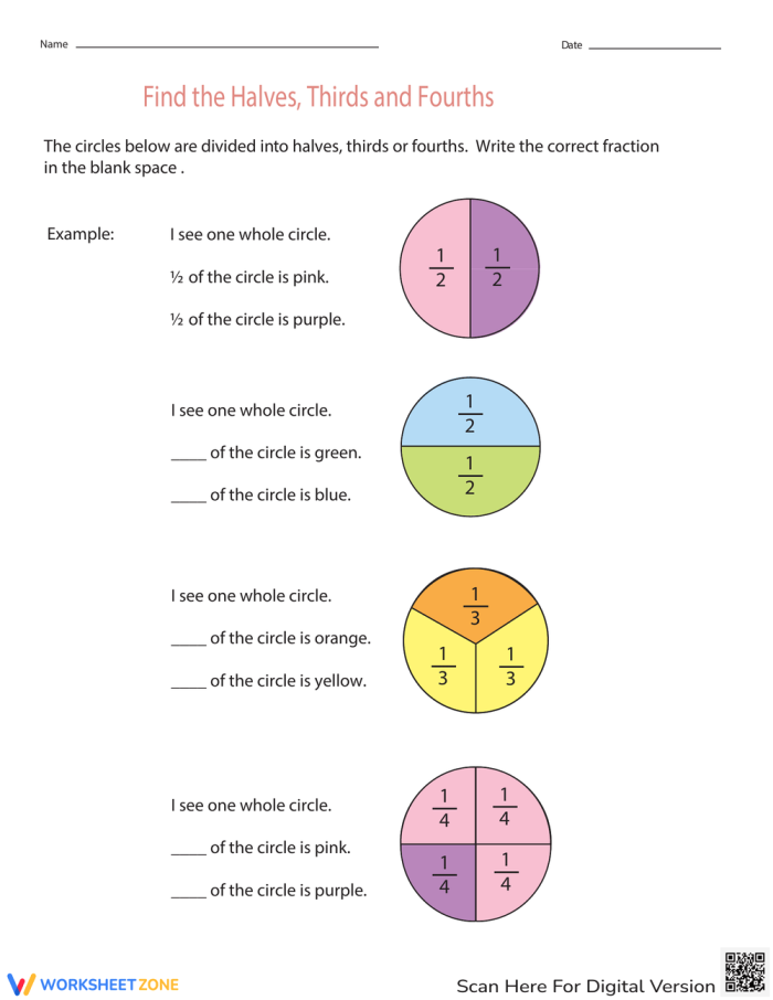 Worksheet illustrating halves and fourths with fun food examples for first graders