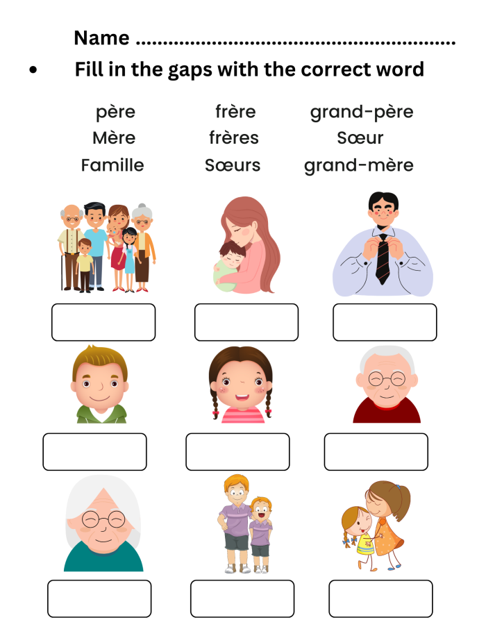 French family vocabulary worksheet number six for first grade math and language practice First grade worksheet featuring illustrated family members for learning French vocabulary with mixed operations