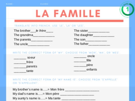 Image title: Fun family-themed French vocabulary activity for young learners ALT text: Engaging first-grade worksheet introducing family vocabulary in French