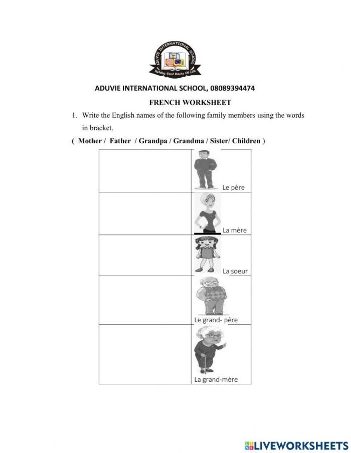 French family vocabulary worksheet for first grade students fifteen First grade students practicing family vocabulary in French with a mixed operations worksheet