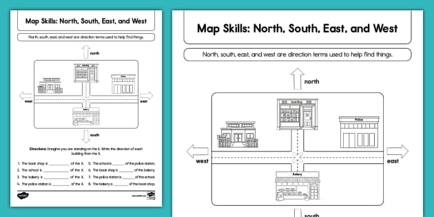 First grade geography worksheet featuring a map of the United States with a compass rose for practicing North South East and West