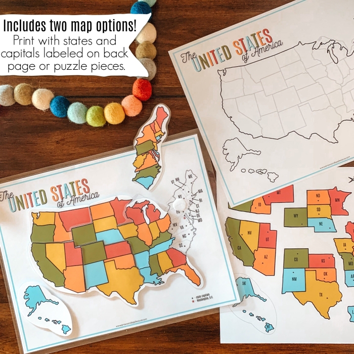 A first grade student working on a colorful 50 U.S. states map puzzle worksheet