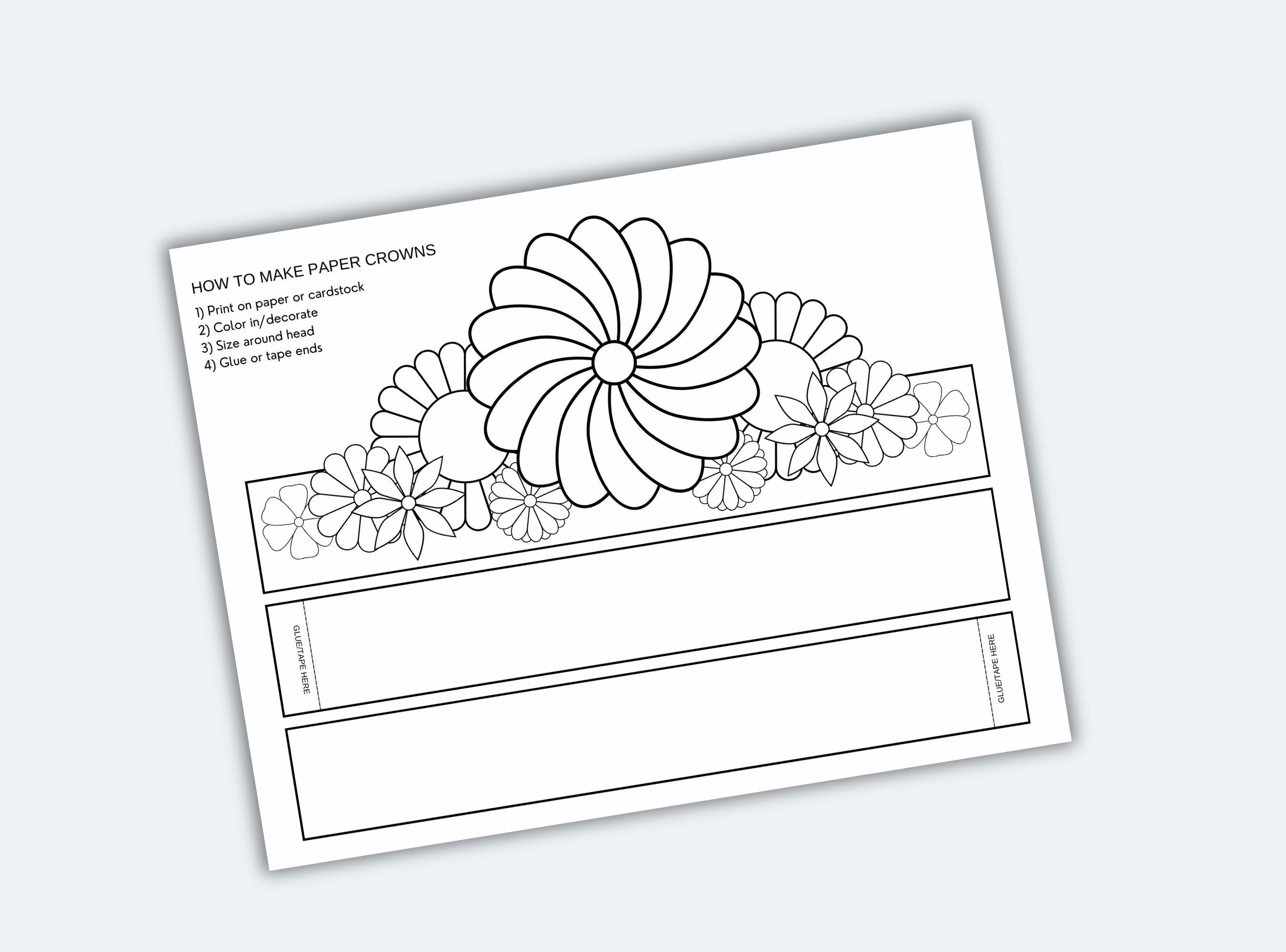 First grade geometry worksheet featuring a printable paper flower crown craft for spring