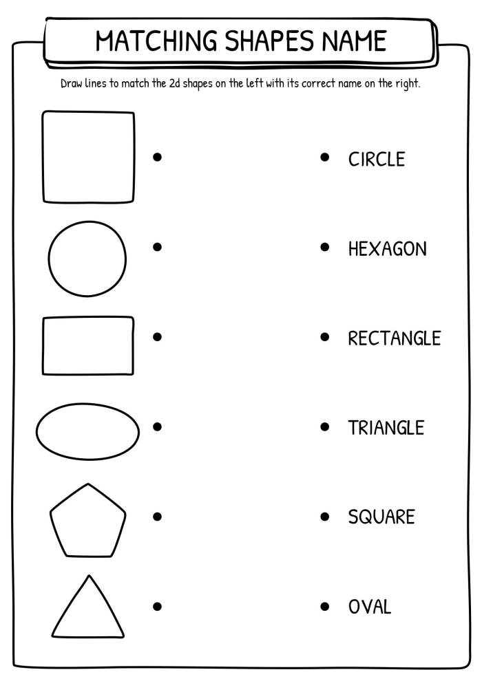 First grade worksheet for matching 2D and 3D shapes to build geometry skills