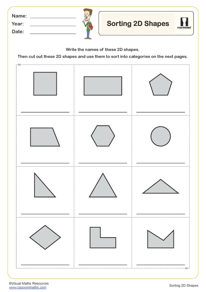 First grade student matching two-dimensional and three-dimensional shapes on a geometry worksheet