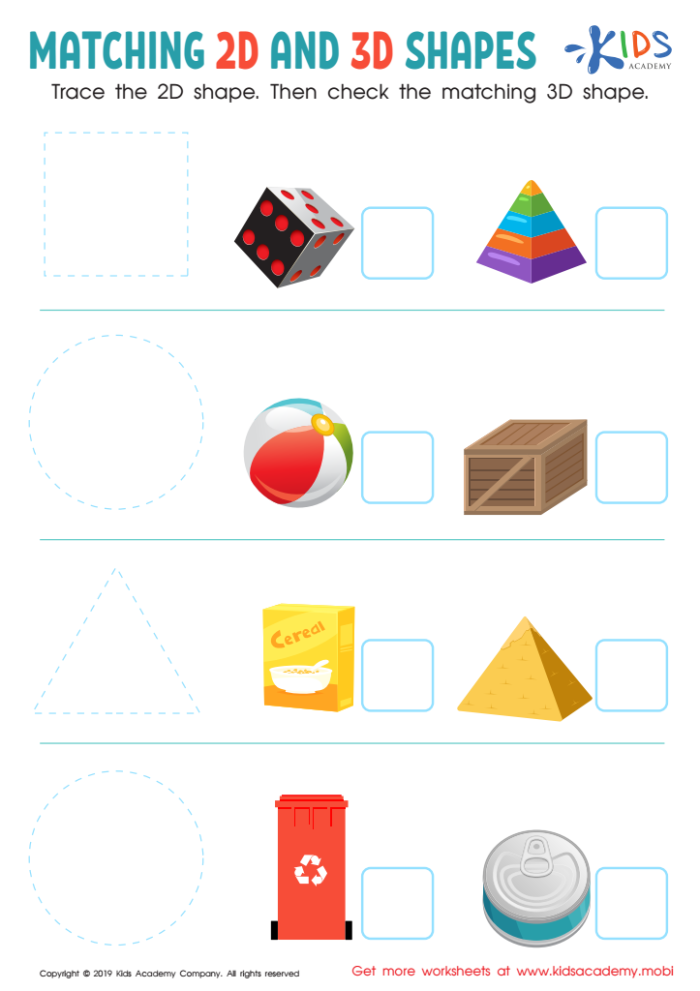 First grade geometry worksheet for matching two dimensional and three dimensional shapes