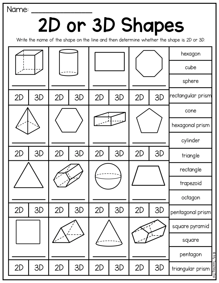 Worksheet featuring 2D and 3D shapes for first graders to enhance geometry skills