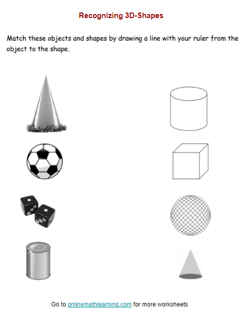 First grade worksheet matching 2D and 3D shapes to help children learn geometry dimensions