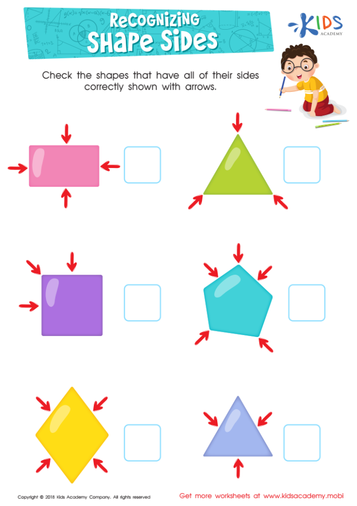 First grade geometry worksheet featuring various shapes for students to count and identify sides