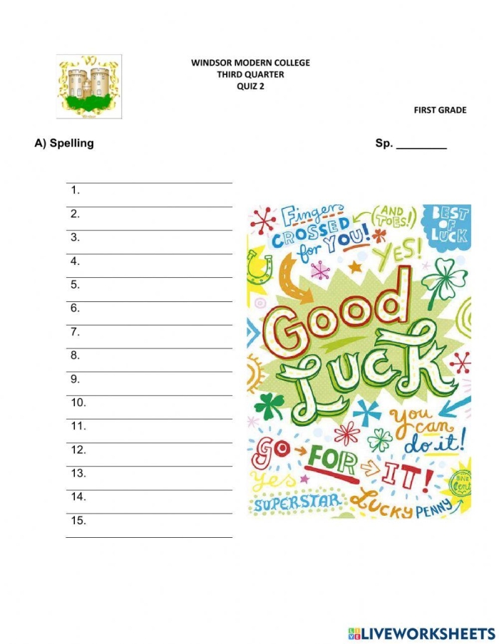 Engaging spelling activity for young learners to complete words in a quiz format Spelling quiz worksheet for first graders focusing on geometry vocabulary