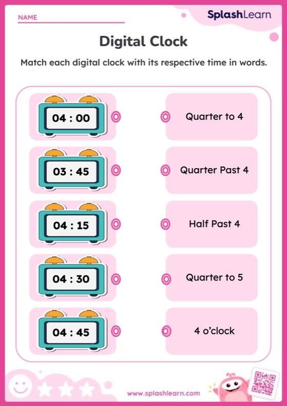 First grade geometry worksheet for practicing how to tell time on the hour by matching clocks