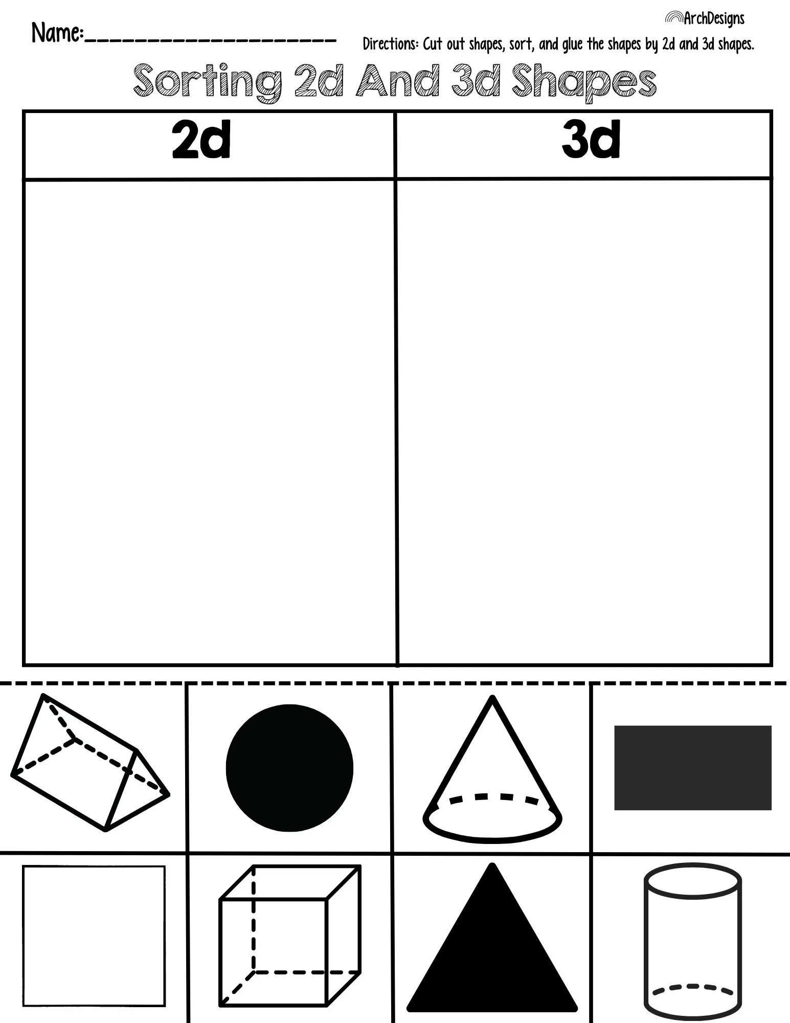 First grade geometry worksheet for matching 2D and 3D shapes
