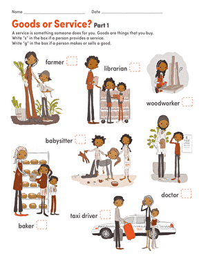 First grade worksheet showing illustrations of workers to help students distinguish between goods and services