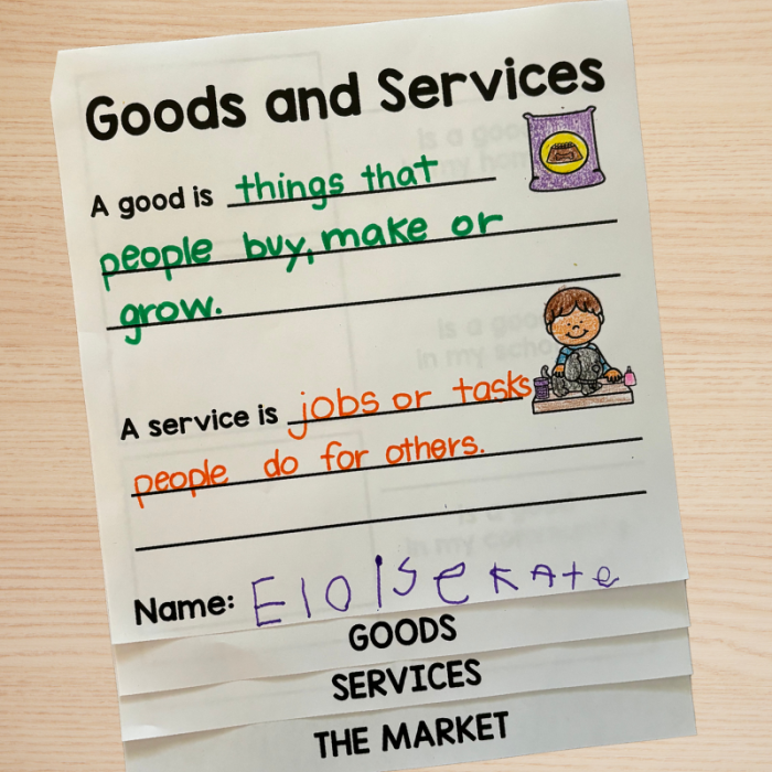 A first grade worksheet showing illustrations of different workers with activities for students to identify whether they sell goods or provide services