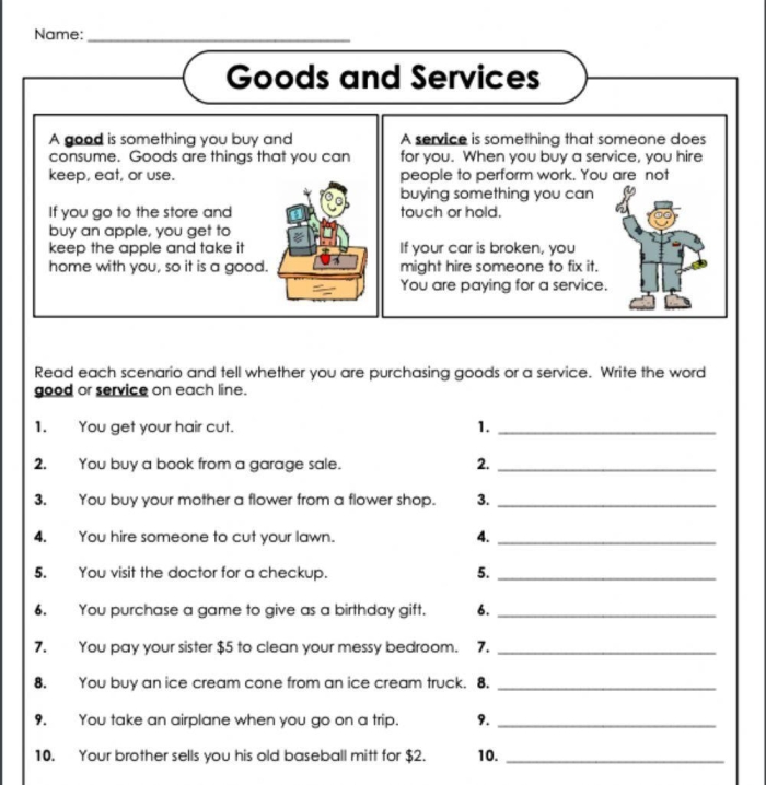 First grade worksheet showing illustrations of different workers for students to identify whether they sell goods or provide services