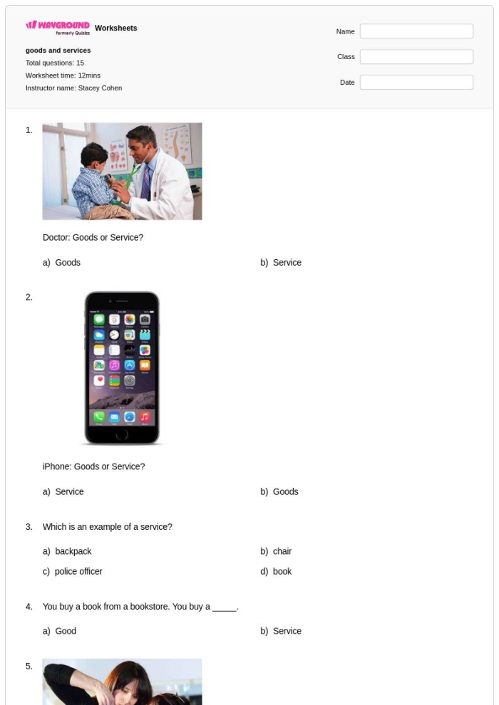 First grade worksheet showing illustrated workers with goods and services for students to identify and categorize