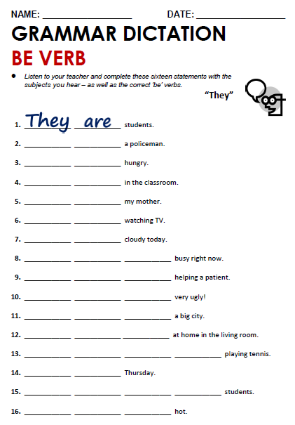 First grade student practicing noun and verb identification on a grammar worksheet