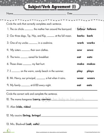 First grade student completing a subject-verb agreement grammar quiz worksheet