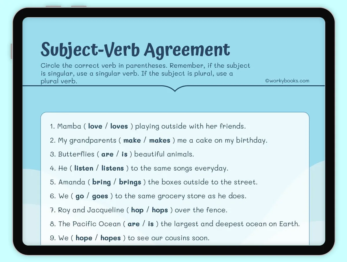 Subject-Verb Agreement Quiz worksheet for first graders focusing on basic grammar skills