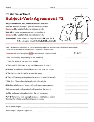 First grade subject-verb agreement quiz worksheet featuring grammar practice for kids