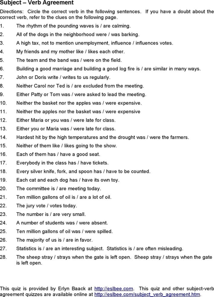 Subject-Verb Agreement Quiz worksheet for first graders focusing on grammar rules