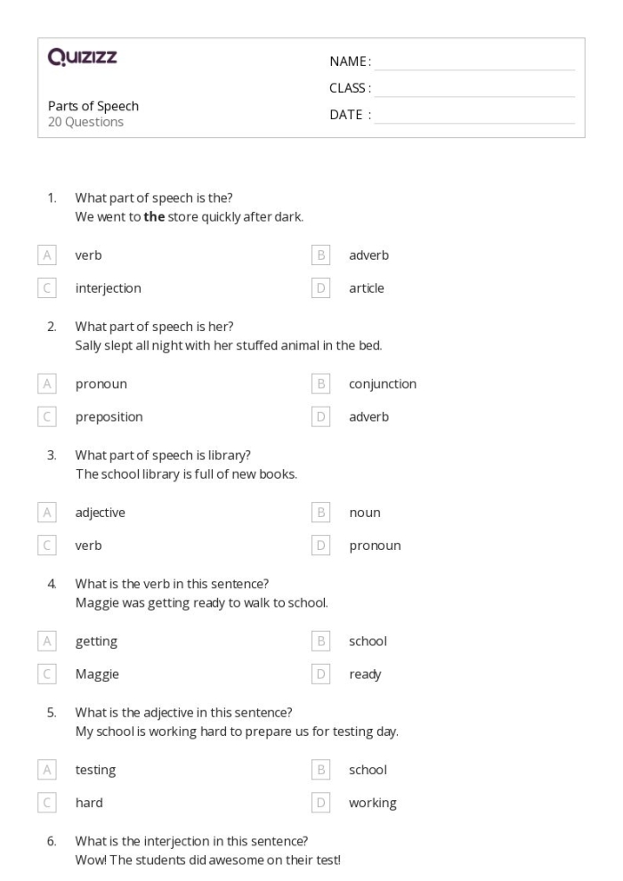 Colorful worksheet for a first grade parts of speech quiz