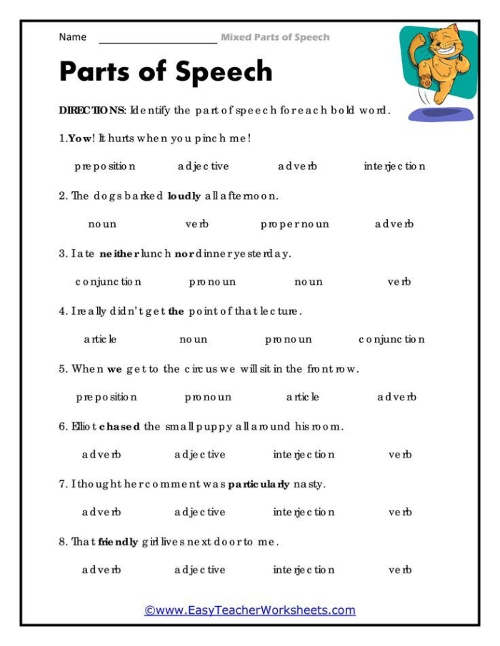 First Grade Parts of Speech Quiz worksheet featuring basic grammar practice 17
