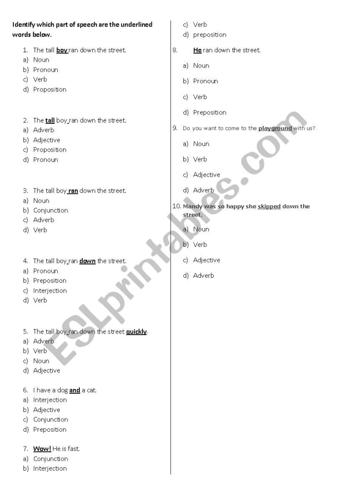 First grade Parts of Speech Quiz worksheet featuring grammar exercises for students